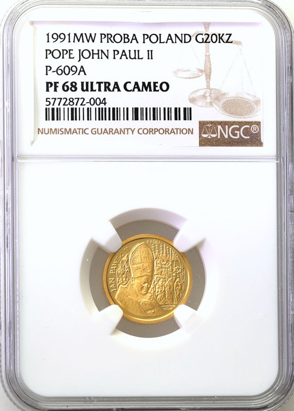III RP. PRÓBA złoto 20.000 złotych 1991 Papież Jan Paweł II Ołtarz NGC PF68 ULTRA CAMEO